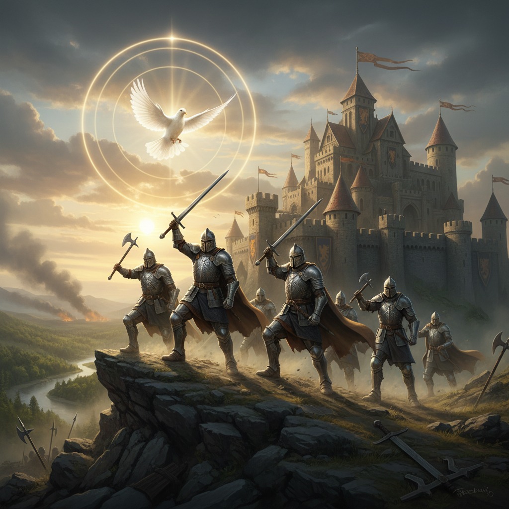 A group of armored knights stands on a rocky cliff overlooking a medieval castle while a glowing white dove flies in the sky above them.