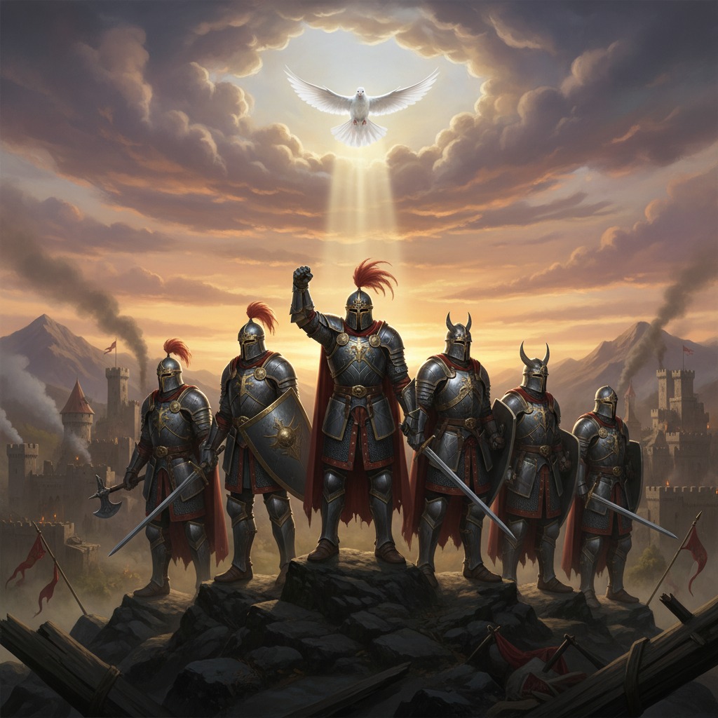 A group of armored knights stands on a rocky hill before a castle under a sky featuring a white dove descending through a break in the clouds.