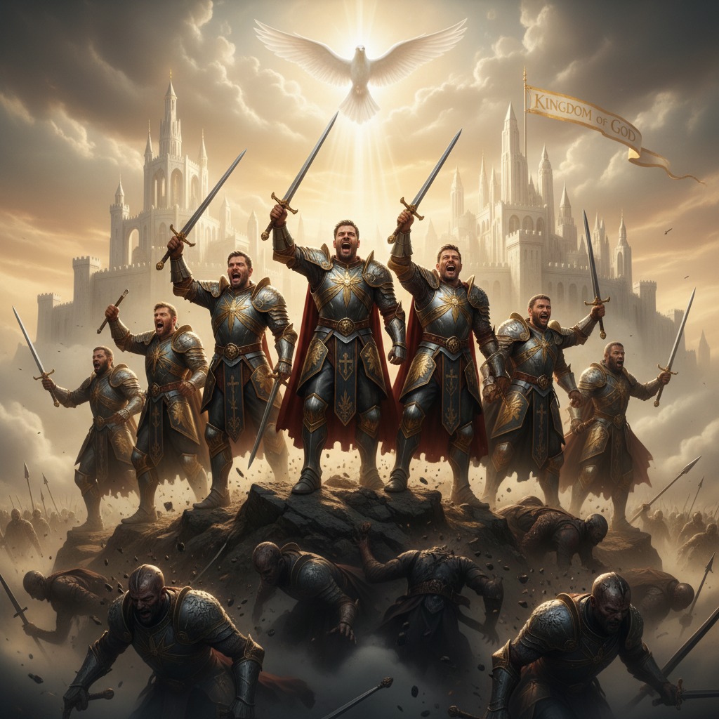 A group of armored warriors in battle gear stand triumphantly on a rocky hill before a grand castle, with a glowing dove hovering in the sky above them.