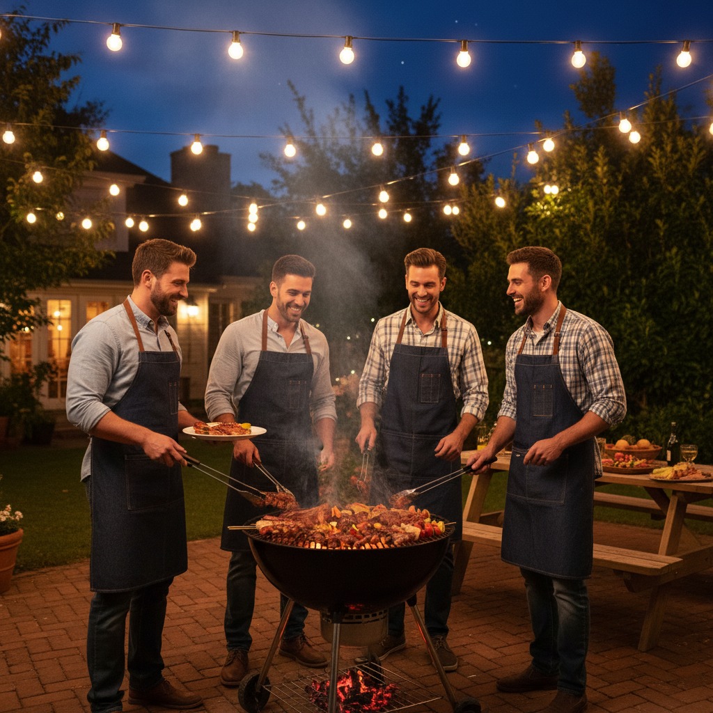 Four men wearing denim aprons grill food together on a patio illuminated by string lights at night.
