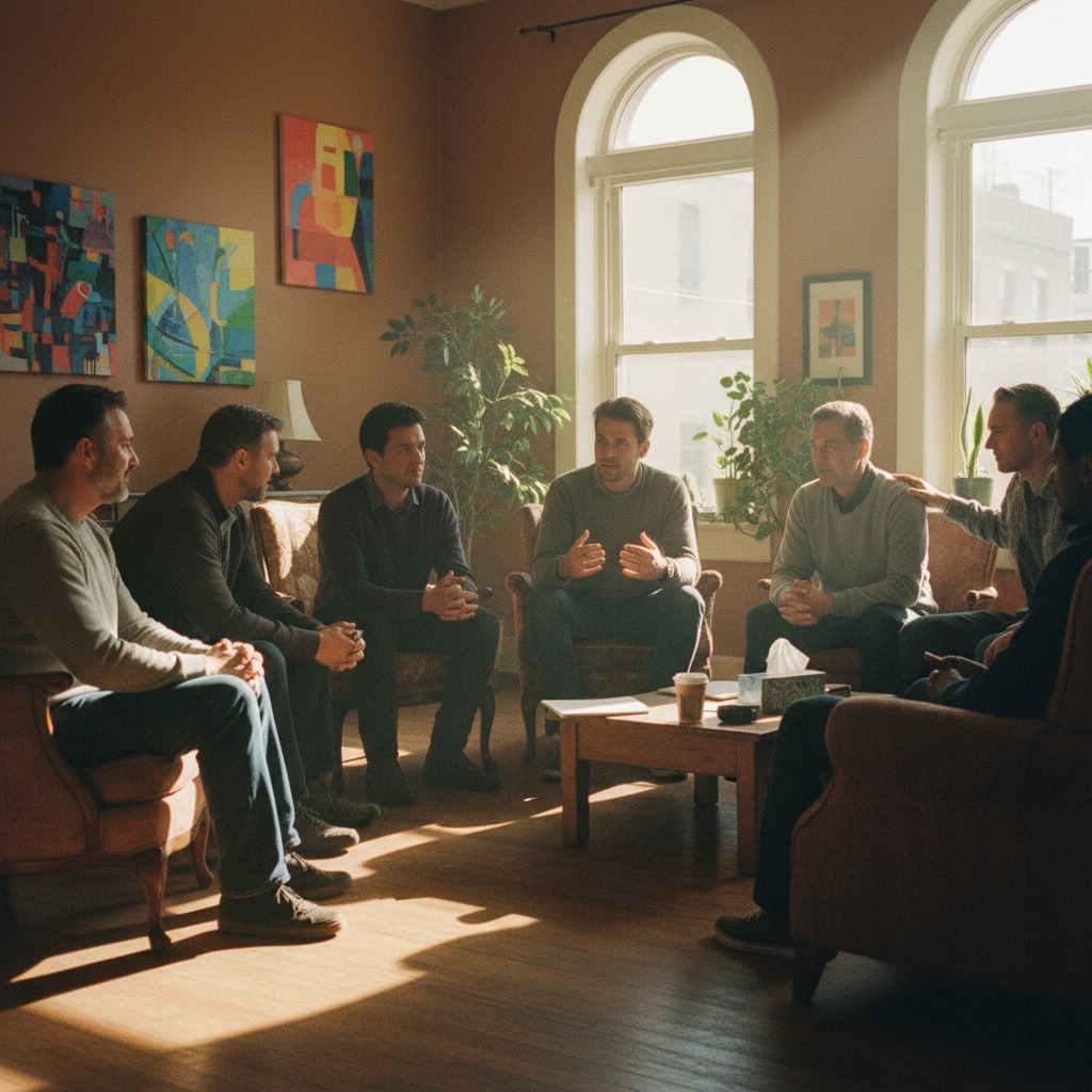 A group of men sit in a circle on armchairs in a sunlit room, engaged in a discussion.